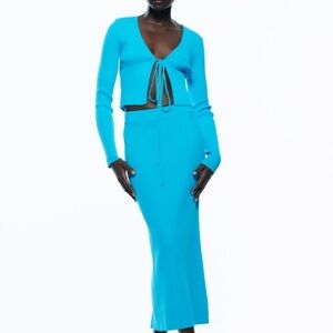 Dark Turquoise Ribbed knit Cardigan with matching ribbed knit skirt